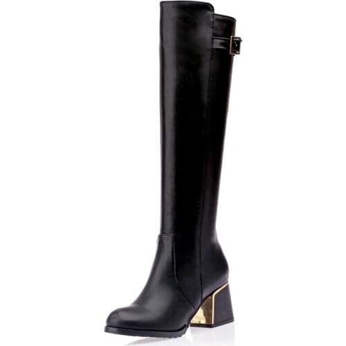 Round Toe Square Heel Belt Buckle Knee-Length Boots Thick Heel Lamb Hair Side Zipper Casual Versatile Long-Tube Womens Boots