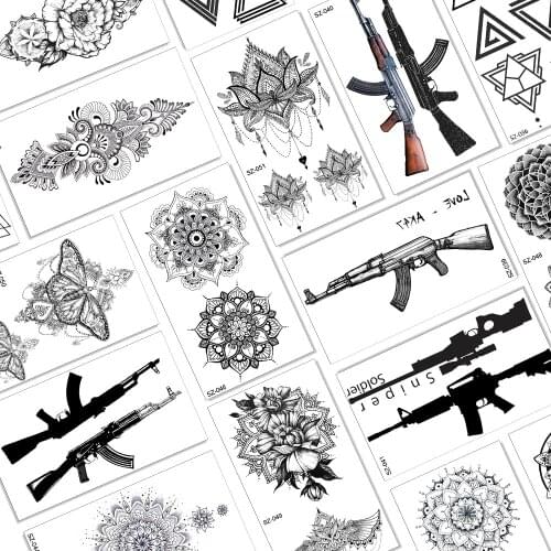 QUCIOUS Sexy AK47 Gun Tattoo Temporary Body Art Henna Tattoo Sticker For Men Women Mandala Moth Pendent Tatoo Paper Paste Makeup