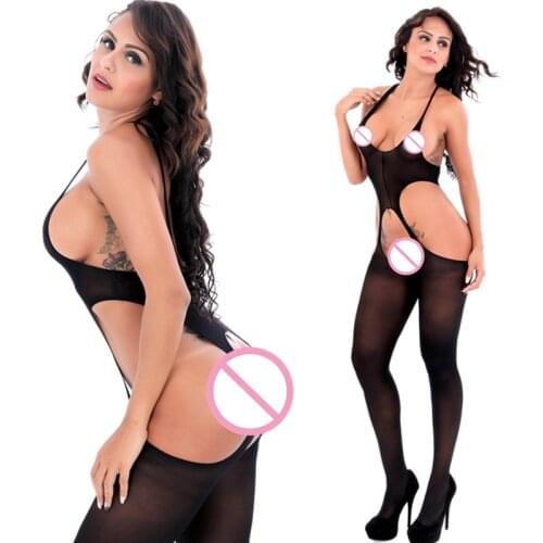 Wosofan Sexy Lingerie Women Unbuttoned crotch seduction hot girl deep V black pyjamas lingerie pajamas Crop top