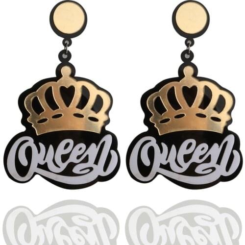 90s Y2K New Punk Gold Color Crown Acrylic Letter Dangle Earrings For Women White Queen Letter Pendant Earrings Fashion Jewelry