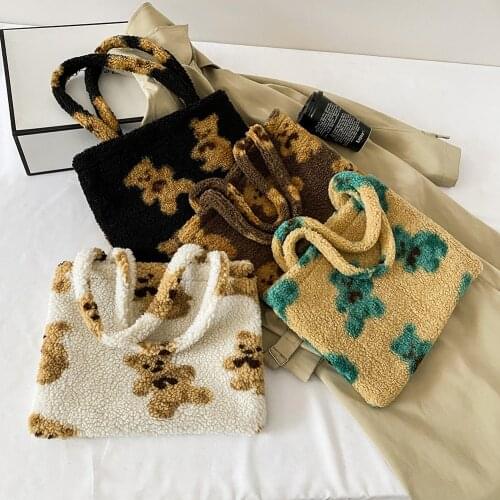 Cute Bear Printed Handbag For Teenage Girls Plush Shoulder Top-handle Bags Women Daily Shopping Large Capacity Totes