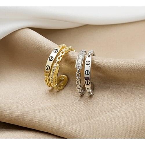 U-Magical Korean Fashion Double Layer Chain CZ Zircon Ring for Women Statement Metal Open Adjustable Index Finger Ring Jewelry