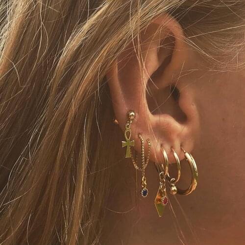 Vintage Cross Earring 2020 Winter Red CZ Black Zirconia Rhombus Earrings Set Aros Gold Chain Ear Wire Women Jewelry Punk Brincos