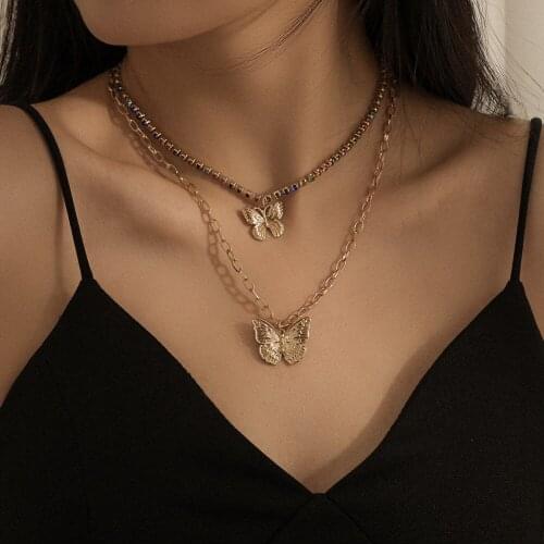Vintage Multi-laye Butterfl Crystal Pendants Necklaces For Women Gold Geometric Punk Necklace Wedding Jewelry Girlfriend Gifts
