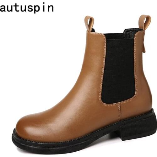 Autuspin Winter Chelsea Boots Women Genuine Leather Ankle Shoes Round Toe Elastic Band Sewing Leisure Ladies Flat Shoes Brown