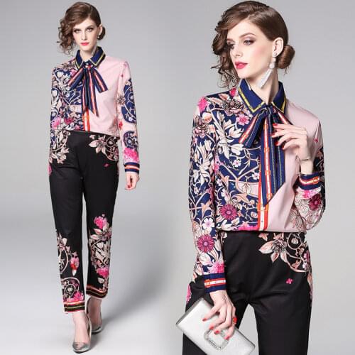 Dropship Spring Summer Fall Runway 2 Piece Womens Sets Retro Vintage Print Collar Long Sleeve Top Shirt Blouse Pant Suits Outfit