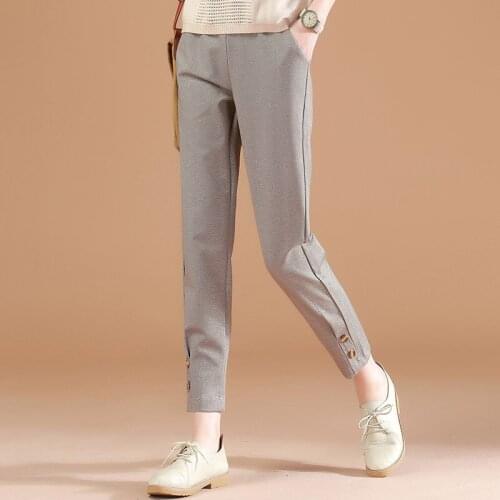 Women Casual Ankle-Length Pants Summer Slim Leg Trousers Solid Elastic Waist Cotton Pants Ankle Length Haren Pants Female PT-386
