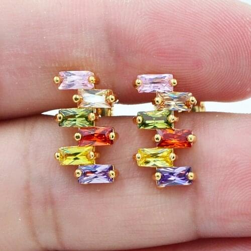 Fashion Women Gold Color AAA+ Cubic Zirconia Irregular Rectangle Rainbow CZ Stud Earrings Jewelry