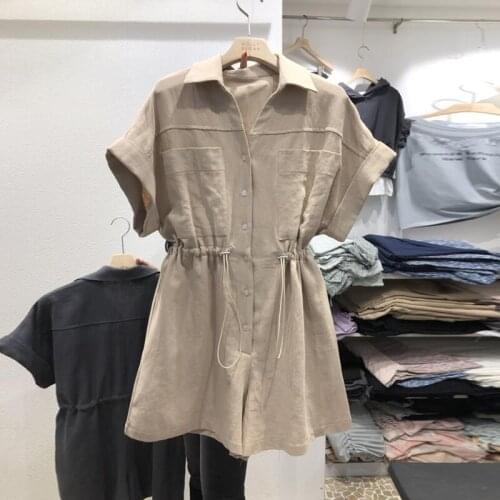 Womens summer 2021 new casual simple waist - constricting cotton and linen jumpsuit shorts