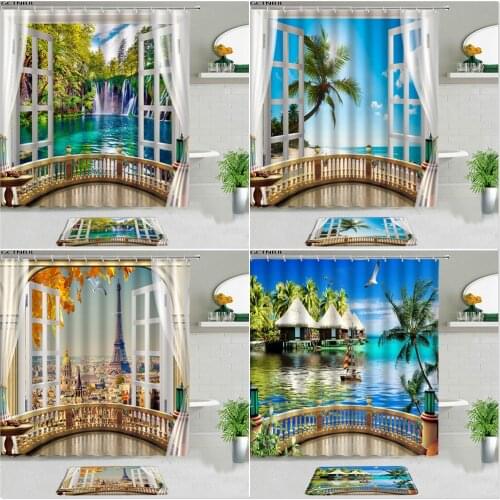 2pcs Ocean Landscape Shower Curtains Set Bath Mat Sunlight Beach Forest Waterfall Natural Scenery Bathroom Decor Non-slip Carpet