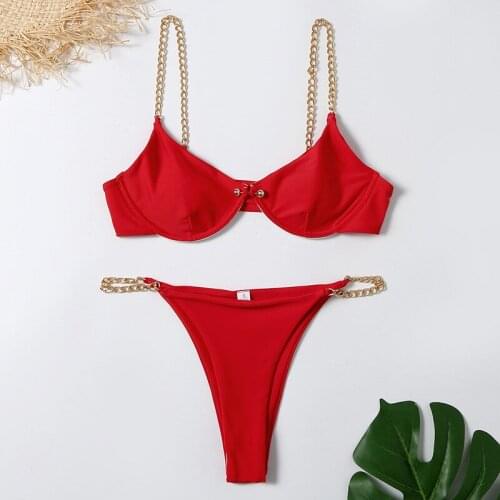 2021 Cool Chain Bikini Set Halter Swimwear Women Hollow Out Swimsuit Female Bathers Two Piece High Cut Bathing Suit Biquini