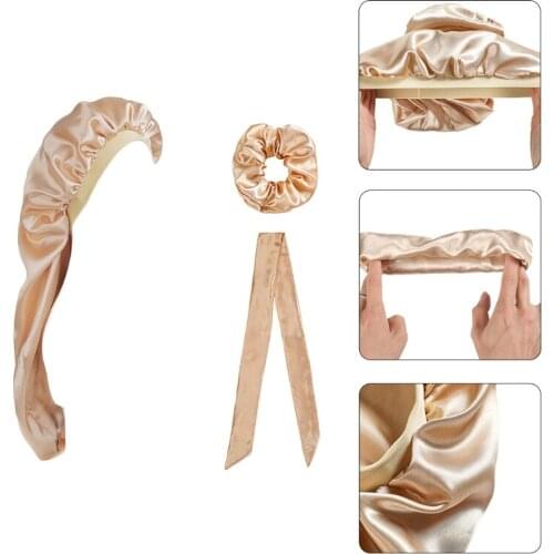 3pcs Satin Bonnet Sleep with Hair Tie Headband Set Long Night Sleeping Hat