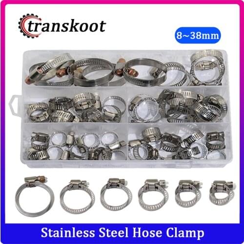Transkoot 50 pcs Stainless Steel Adjustable 8mm-38mm Range Worm Gear Hose Clamp, Miniature Power-Seal Fuel Line Clamp Kit