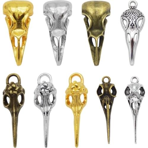 9Pcs Mixed Raven Skull Charms Alloy Animals Skull Bird Head Pendant Handmade Hanging Crafts Vintage Jewelry Bronze Silver Gold