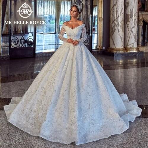 Michelle Royce Ball Gown Wedding Dresses 2020 Sexy V-Neckline Appliques Lace Up Chapel Train Bridal Gowns Vestido De Noiva