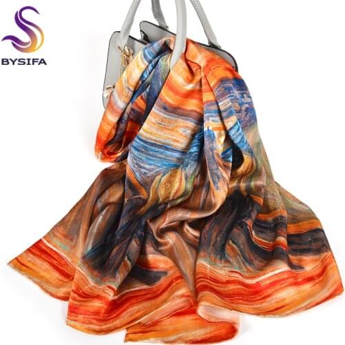 [BYSIFA] Womens Scarves Fashion Brand Luxury 100% Pure Silk Scarf Shawl Shouting Oil Painting Long Scarves Foulard Soie175*52cm