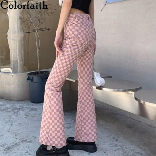 Colorfaith Y2K New 2021 Womens Spring Autumn Pink Pants Vintage High Waist Checkered Wild Plaid Ankle-Length Trousers P6695