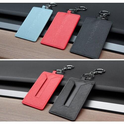 Key Card Holder for Tesla Model 3 Y Leather Key Card Protector Cover Keychain Car Key Ring Bag Chain Clip Accessories