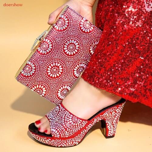 Doershow redItalian Ladies Shoes and Bags To Match Set Decorated with Rhinestone African Wedding Party Shoes and Bag Sets HBV1-1