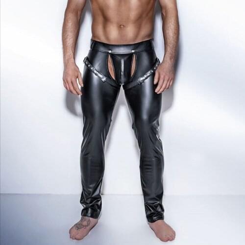 Sexy Men Wild PU Faux Leather Hollow Matte Shiny Pants Bandage Clubwear Jockstrap Fetish Gay Wear Erotic lingerie Plus Size F38