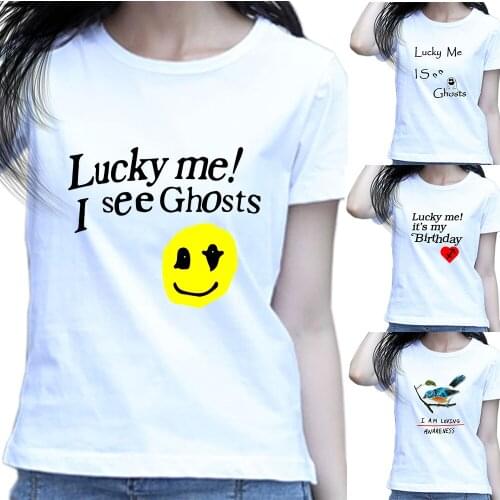 Kanye West Graffiti Letter Print T Shirts Sweatshirt Women Girl Harajuku Hip Hop Inspirational Quote Lucky Me Graphic Smile Face