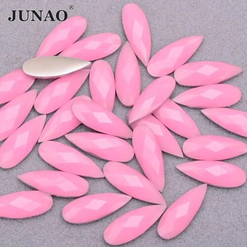 JUNAO 8*22mm Neon Light Pink Teardrop Rhinestone Applique Flatback Resin Gems Decoration Crystal Stones Non Sewn Diamond Strass