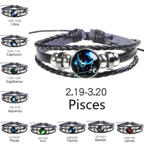Fashion 12 Constellations Leather Zodiac Sign with beads Bangle Bracelets For Men Boys Jewelry Travel Accessories Drop shipping