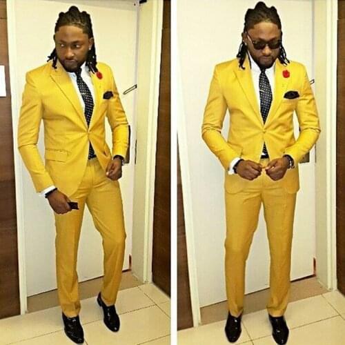 Fashion Punk Style Lemon Yellow Mens Toast Suits Work Business Suits Blazers Coats Groom Tuxedos (Jacket+Pants+Tie) W:708