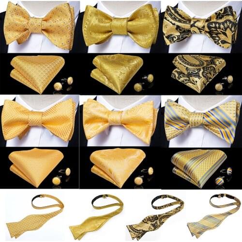 Men Bow Tie Set Handkerchief Cufflinks Fashion Self Tie Bowtie Silk Butterfly Yellow Paisley Wedding Party Bowknot DiBanGu
