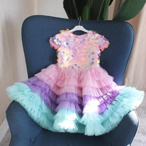 New Colourful Sequins Baby Girl Dress Ball Gown Baby Princess Dresses for Party Costumes Children Birthday Dresses Cap Sleeve