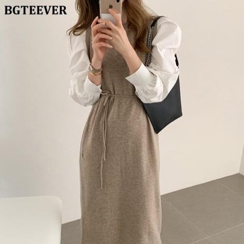 BGTEEVER Vintage Puff Sleeve Patchwork Women Knitted Midi Dress O-neck Slim Waist Lace-up Fashion Sweater Dress Vestidos Femme