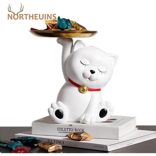 NORTHEUINS Resin White Cat Tray Figurines Nordic Creative Animal Statue Home Decoration Accessories Desktop Snack Key Storage