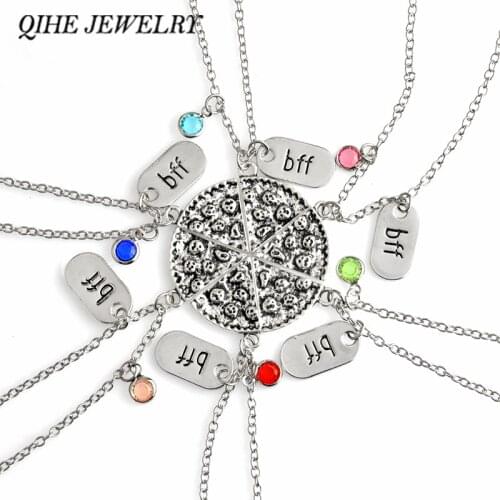QIHE JEWELRY 6pcs/set Pizza Necklace With BFF Charm Colorful Rhinestone Best Friends Forever Food Jewelry Gift For Her