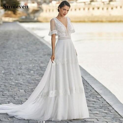 Smileven Boho Wedding Dress Sexy V Neck Robe De Mariee Lace Bridal Dresses Vintage Lace Country Wedding Gowns