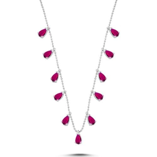 Silver 925 Sterling Drop Ruby Zircon Cubic Zirconia Dangle Necklace