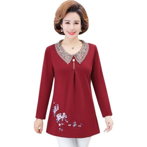 Spring Autumn WomenS Long Sleeve T-Shirt Lace Collar 5XL Plus Size Tops Floral Mother Casual Loose Bottom Tee Shirts Femme
