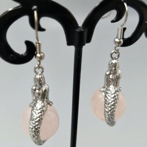Free Shipping Women Fashion Jewelry 14mm Pink Crystal Mermaid Spherical Beads Dangle Earrings C5319