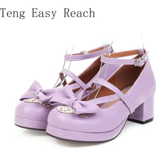 Teng Easy Reach Platform Chunky Block Heels Mary Jane Cosplay Ladies Shoes Cute Bowtie Purple Pink Black Womens Pumps 43