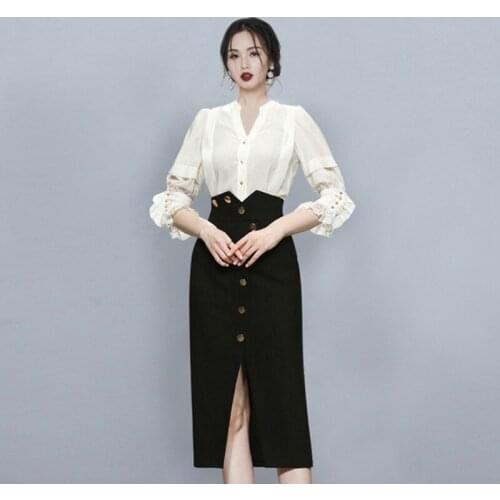 Women 2 Piece Business Set 2021 Autumn Long Sleeve V Neck Single-Breasted Shirt + Hight Waist Golden Button Sheath Skirt Suit