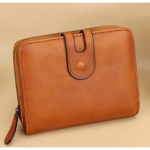 Retro ladies handmade first layer cowhide Women short wallet female leather wallet short card bag thin anti-theft brush purses