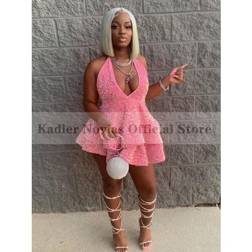 Sext Mini Plus Size Pink Prom Dresses 2021 for Black Girl Halter Neck Sequin Lace Evening Cocktail Dress Vestido De Fiesta