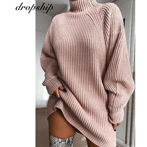 Dropship Turtleneck Long Sleeve Sweater Dress Women Autumn Winter Loose Knitted Casual Pink Gray Clothes Solid Dresses Warm Top