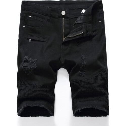 2021 New Mens plus size ripped denim shorts Summer holes stretch biker jeans Slim straight knee length Capri Black White Red