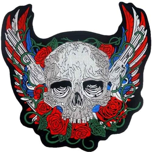 LARGE ROSE SKULL GUN Embroidered Sewing Label punk biker Patches Clothes Stickers Apparel Accessories Badge
