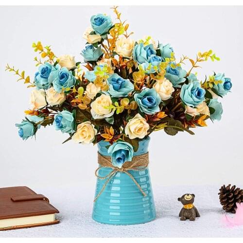 Artificial rose flower arrangement centerpiece with vase blue ceramic for home decor