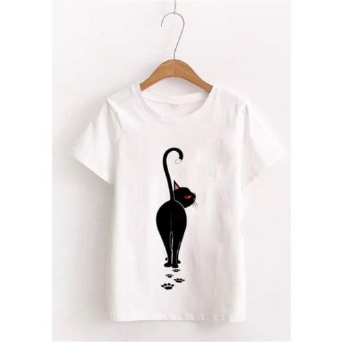 Kawaii Black Cat Summer Women T Shirt Short Sleeve O-neck Casual Funny Print Tops Tees Female Ladies T-Shirt