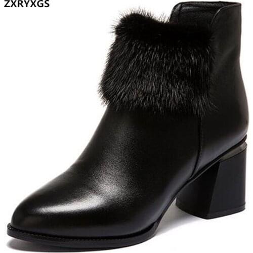 ZXRYXGS Classic Autumn Winter Women Boots Mid-heel Martin Boots 2020 New Elegance Black Genuine Leather Boots Women Ankle Boots