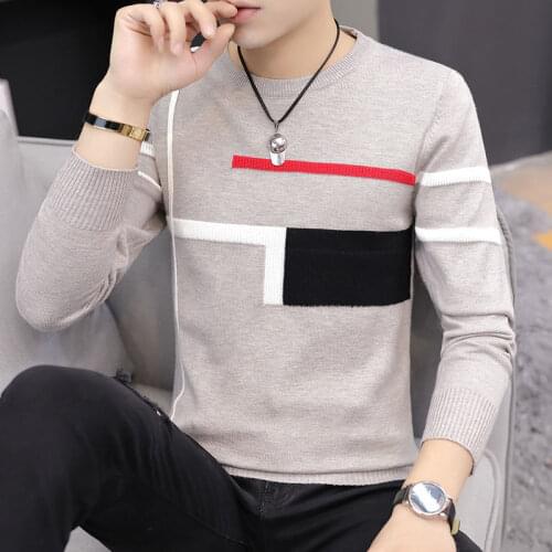 Sweater mens autumn and winter mens knitwear Korean version of the slim wool sweater round collar collar bottom shirt