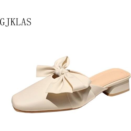 Chunky Heels Slippers Women Summer Mules Shoes Bow Fashion Sandals Sliders Shoes Women House Leather Shoes Zapatos Femenino