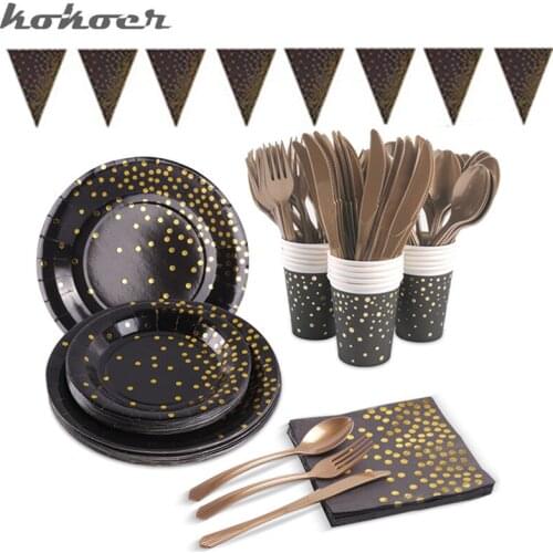141pcs/lot 20 People use Black Pink Hot Stamping Disposable Tableware Cups Towel Paper Plate Birthday Party Decor Kids Supplies